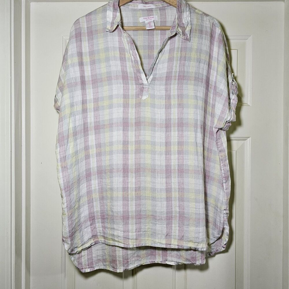 Izaac Mizrahi Women's Linen Popover Plaid Pastel Shirt Large Boxy High Low